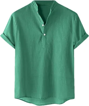 Men's Cotton Linen Henley Shirt Short Sleeve Breathable Shirts Casual Lightweight Summer Tee Tops