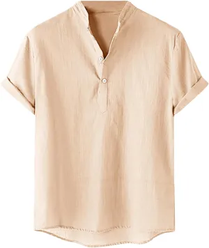 Men's Cotton Linen Henley Shirt Short Sleeve Breathable Shirts Casual Lightweight Summer Tee Tops