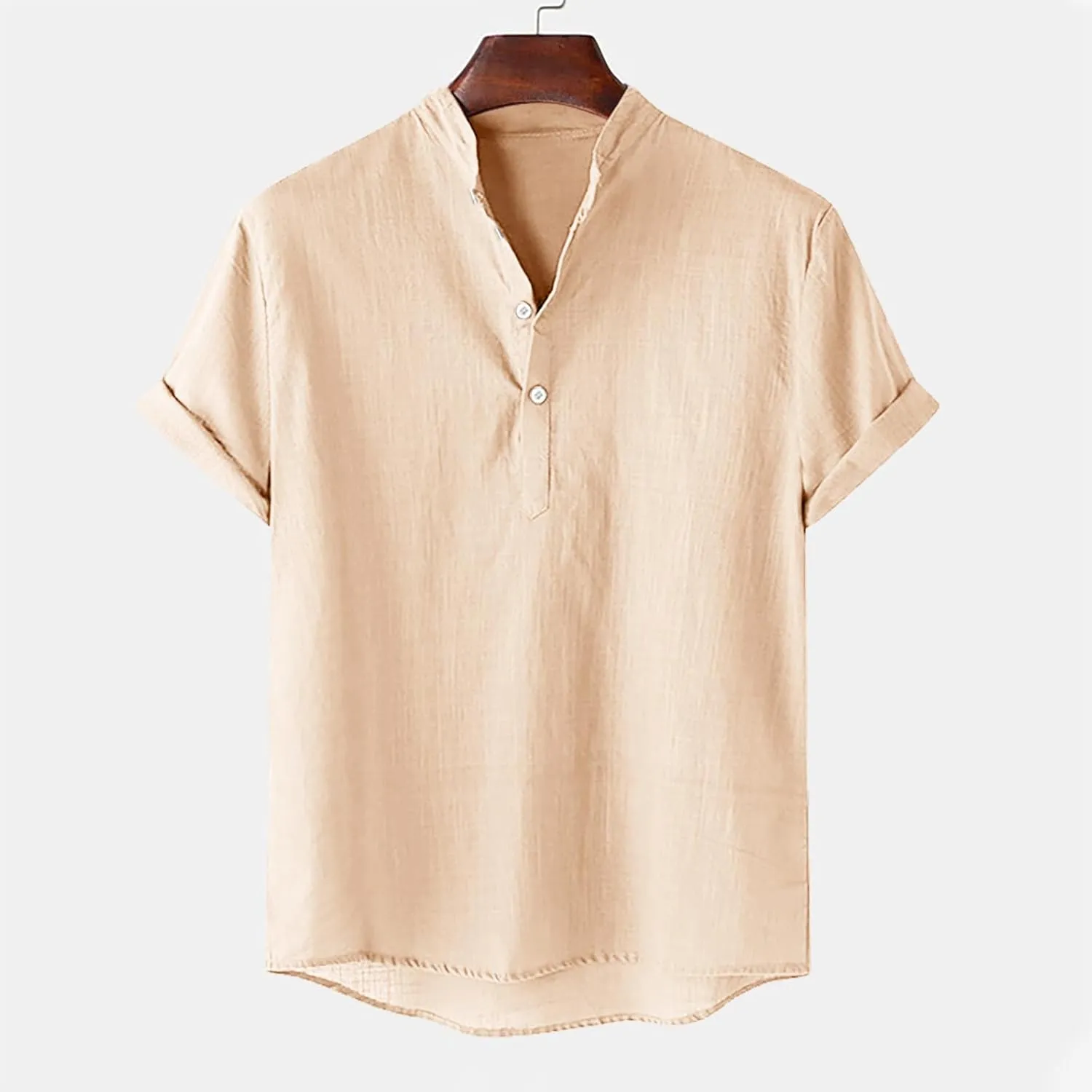 Men's Cotton Linen Henley Shirt Short Sleeve Breathable Shirts Casual Lightweight Summer Tee Tops