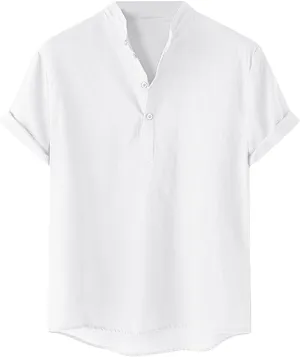 Men's Cotton Linen Henley Shirt Short Sleeve Breathable Shirts Casual Lightweight Summer Tee Tops