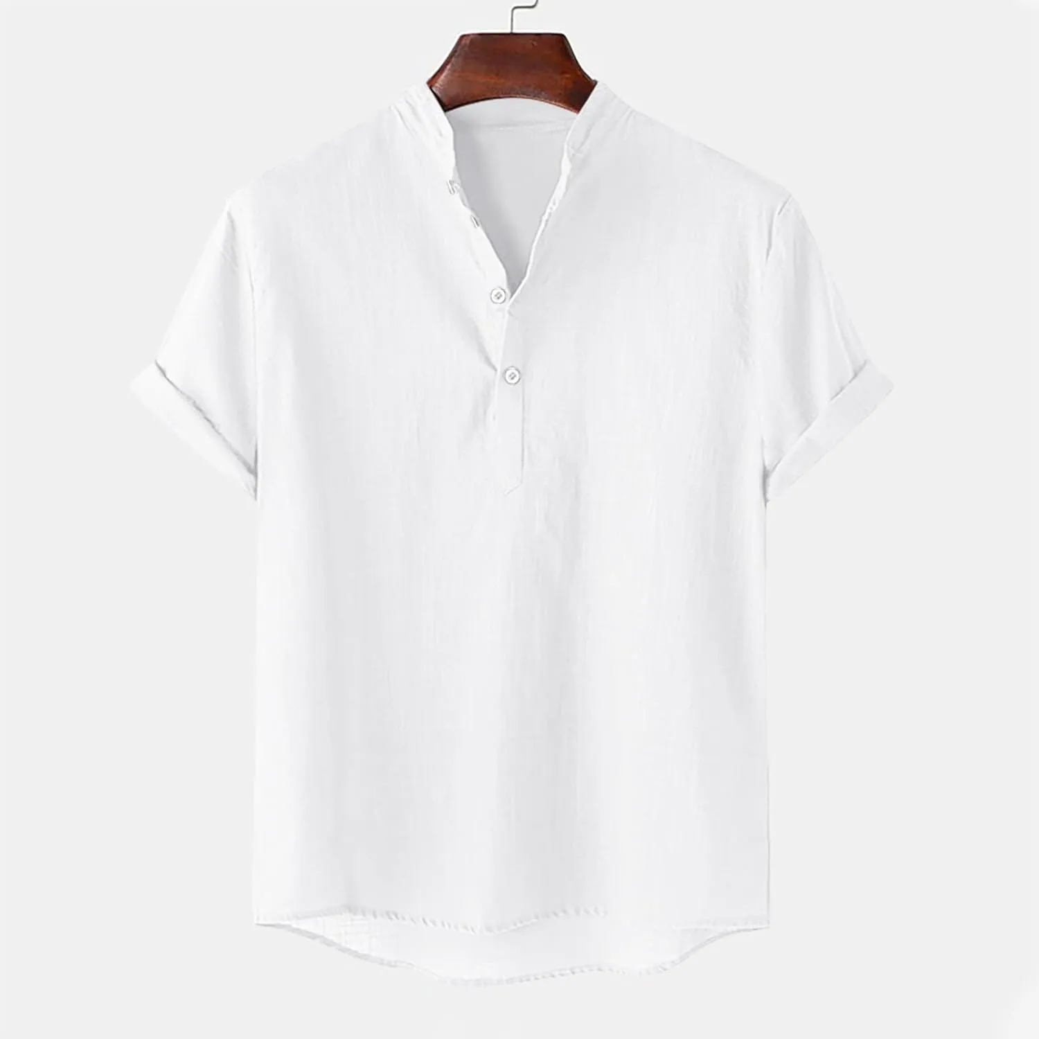 Men's Cotton Linen Henley Shirt Short Sleeve Breathable Shirts Casual Lightweight Summer Tee Tops