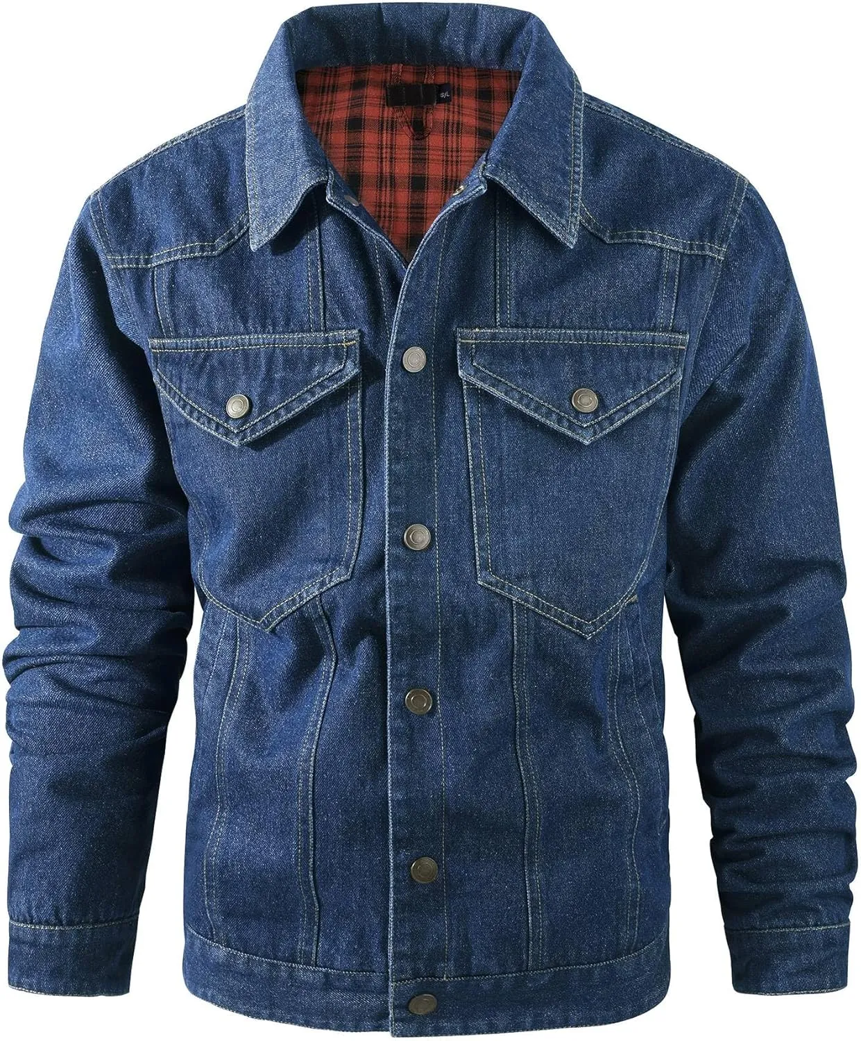 Mens Denim Jacket Flannel Lined Shacket Long Sleeve Button Down Trucker Jacket Casual Fashion Jean Coat with Pockets