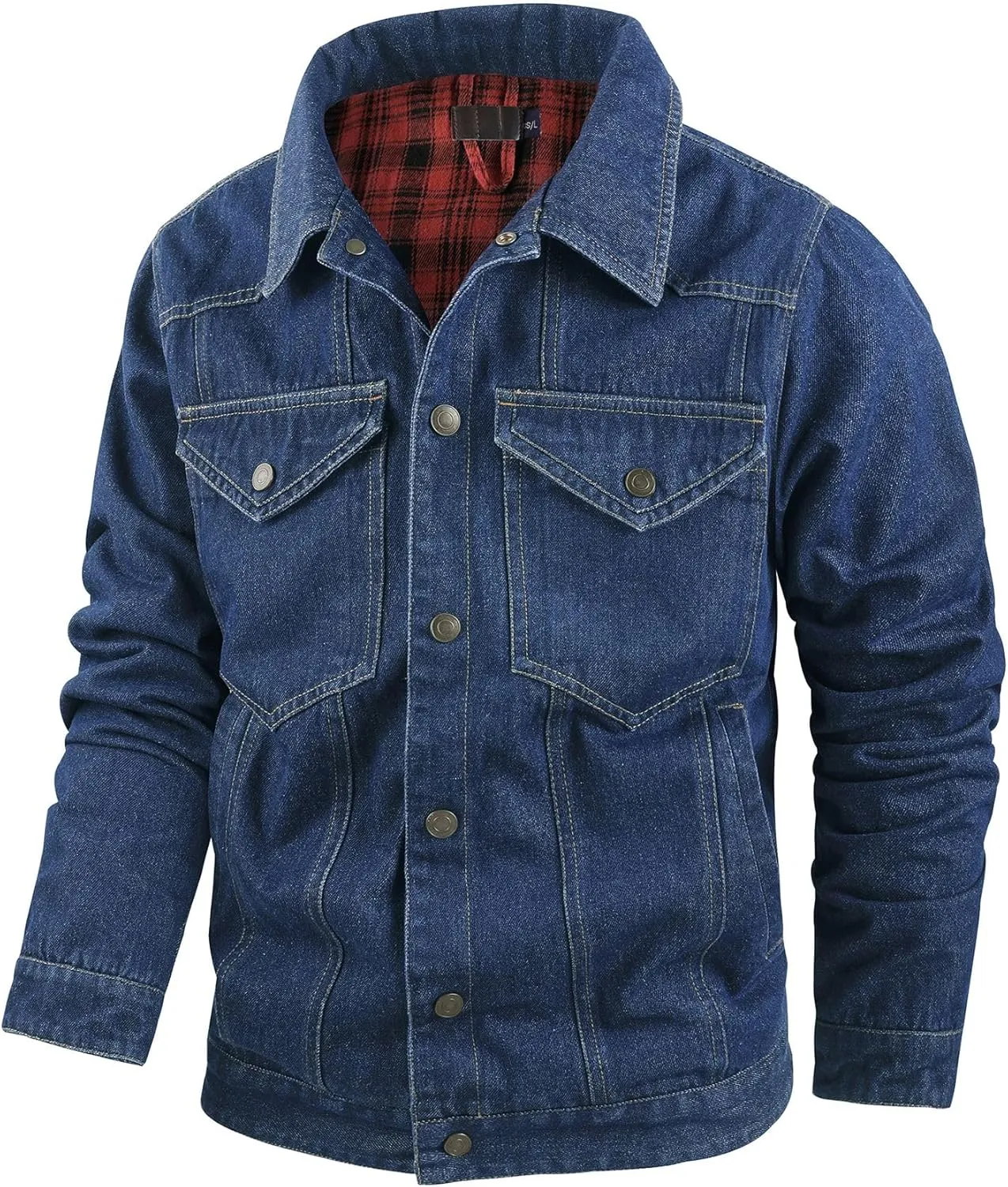 Mens Denim Jacket Flannel Lined Shacket Long Sleeve Button Down Trucker Jacket Casual Fashion Jean Coat with Pockets