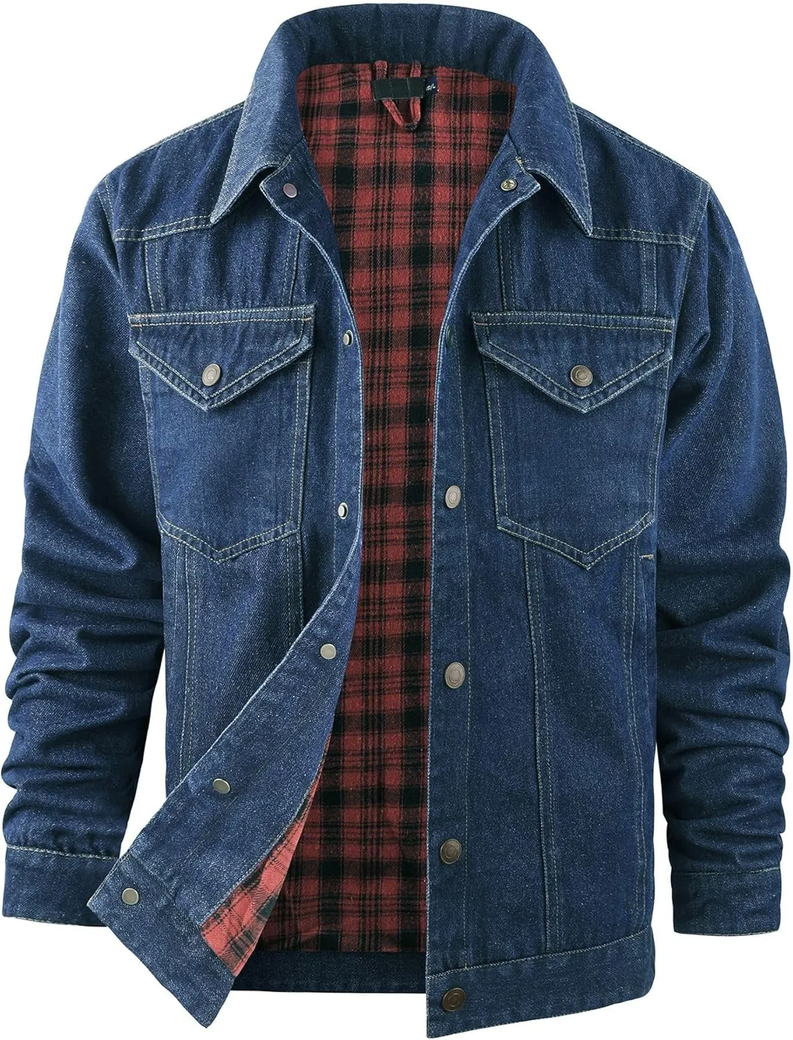 Mens Denim Jacket Flannel Lined Shacket Long Sleeve Button Down Trucker Jacket Casual Fashion Jean Coat with Pockets