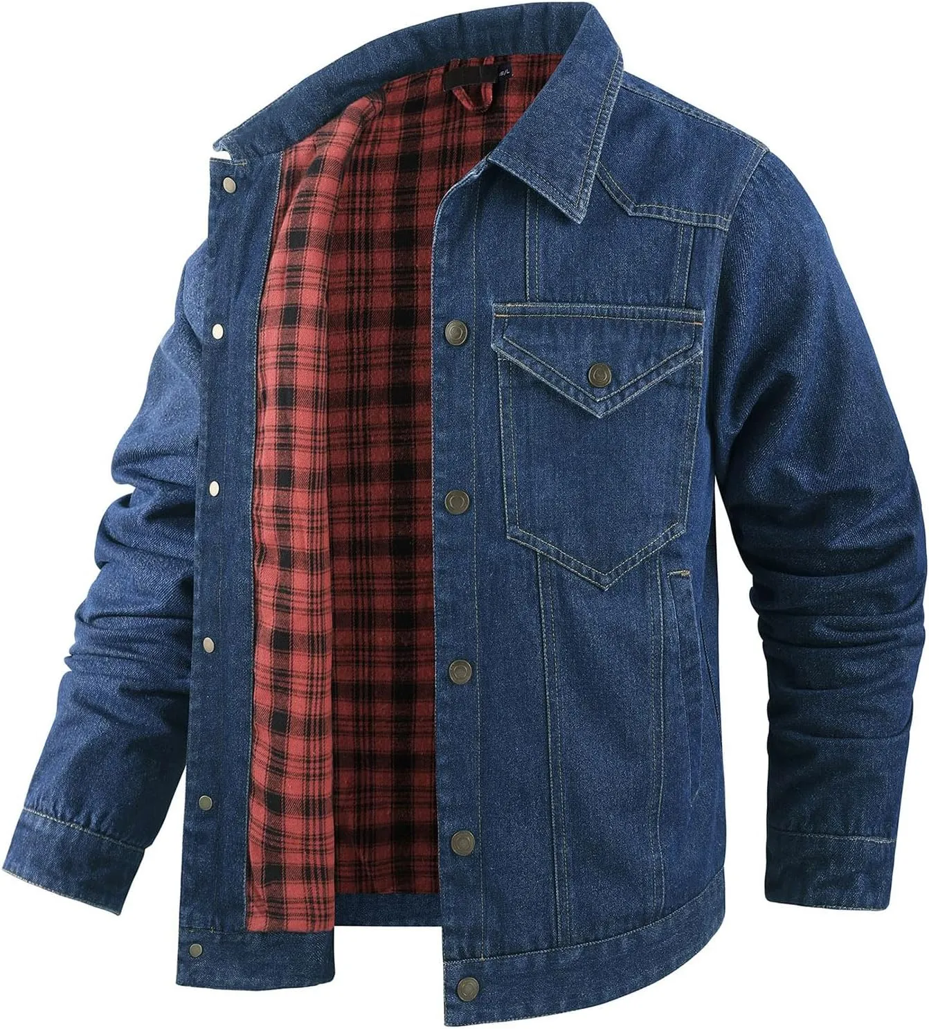 Mens Denim Jacket Flannel Lined Shacket Long Sleeve Button Down Trucker Jacket Casual Fashion Jean Coat with Pockets