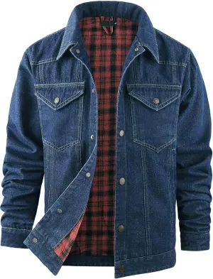 Mens Denim Jacket Flannel Lined Shacket Long Sleeve Button Down Trucker Jacket Casual Fashion Jean Coat with Pockets