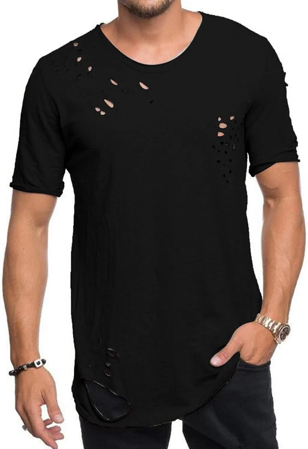 Men's Distressed T-Shirt Short Sleeve Ripped Crew Neck Fashion Hip Hop Streetwear Grunge Vintage Casual Tee