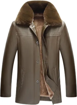 Men's Faux Leather Bomber Jacket with Sherpa Collar Classic Fleece Lined Lightweight Casual Button Windproof Jackets