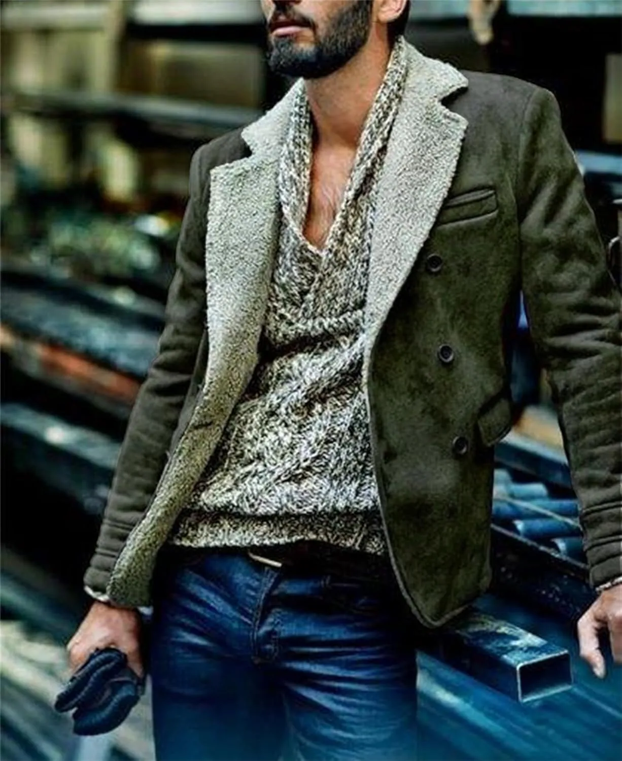 Men's Faux Suede Jacket Sherpa Fleece Lined Sheepskin Bomber Jacket Crop Warm Winter Trench Coat with Fur Collar