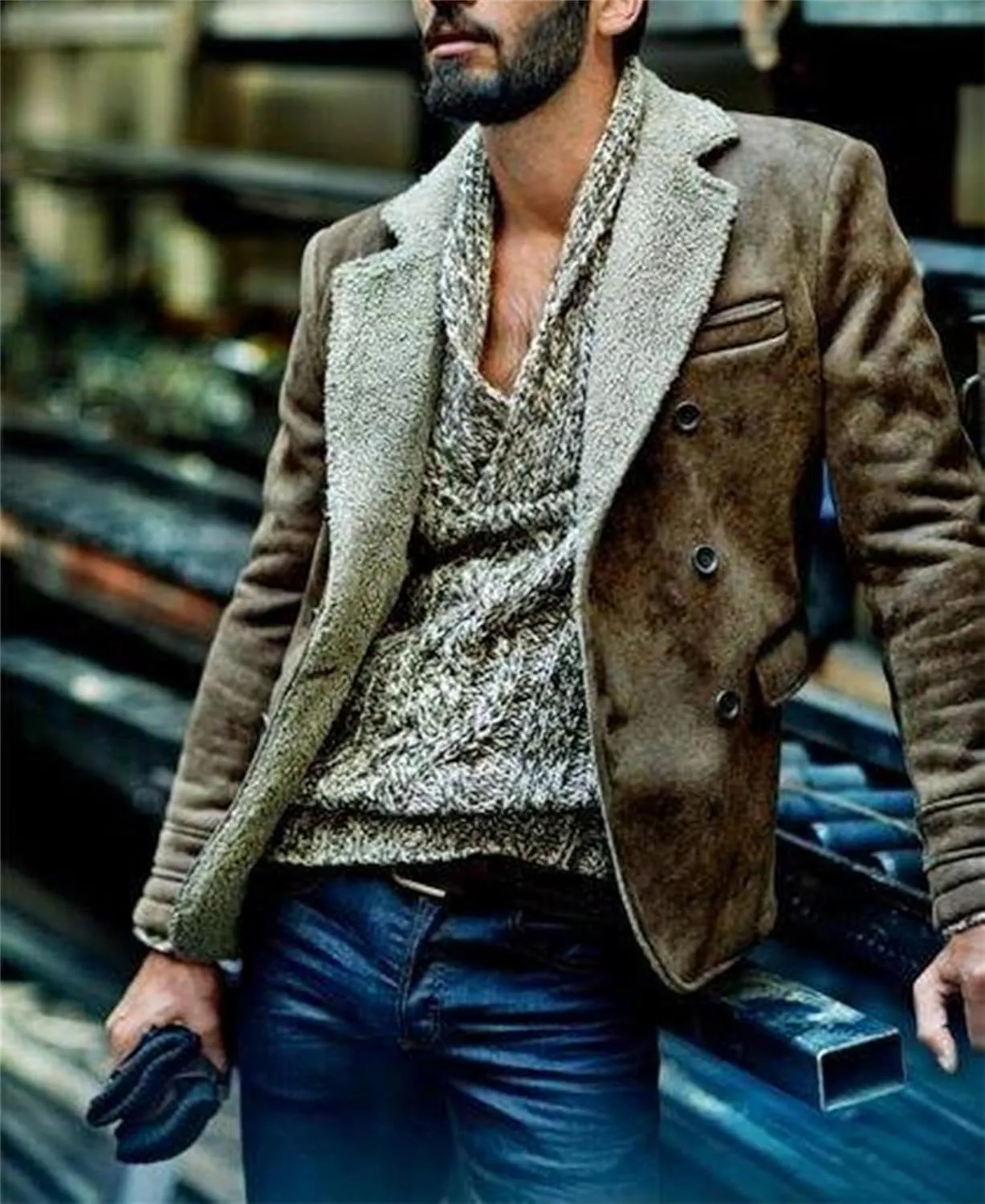 Men's Faux Suede Jacket Sherpa Fleece Lined Sheepskin Bomber Jacket Crop Warm Winter Trench Coat with Fur Collar