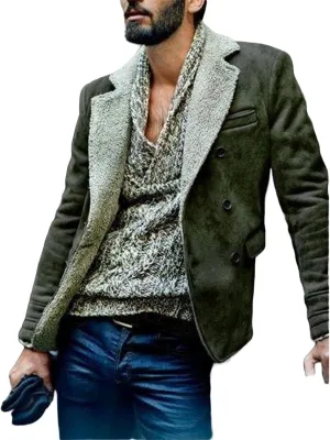 Men's Faux Suede Jacket Sherpa Fleece Lined Sheepskin Bomber Jacket Crop Warm Winter Trench Coat with Fur Collar