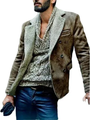 Men's Faux Suede Jacket Sherpa Fleece Lined Sheepskin Bomber Jacket Crop Warm Winter Trench Coat with Fur Collar