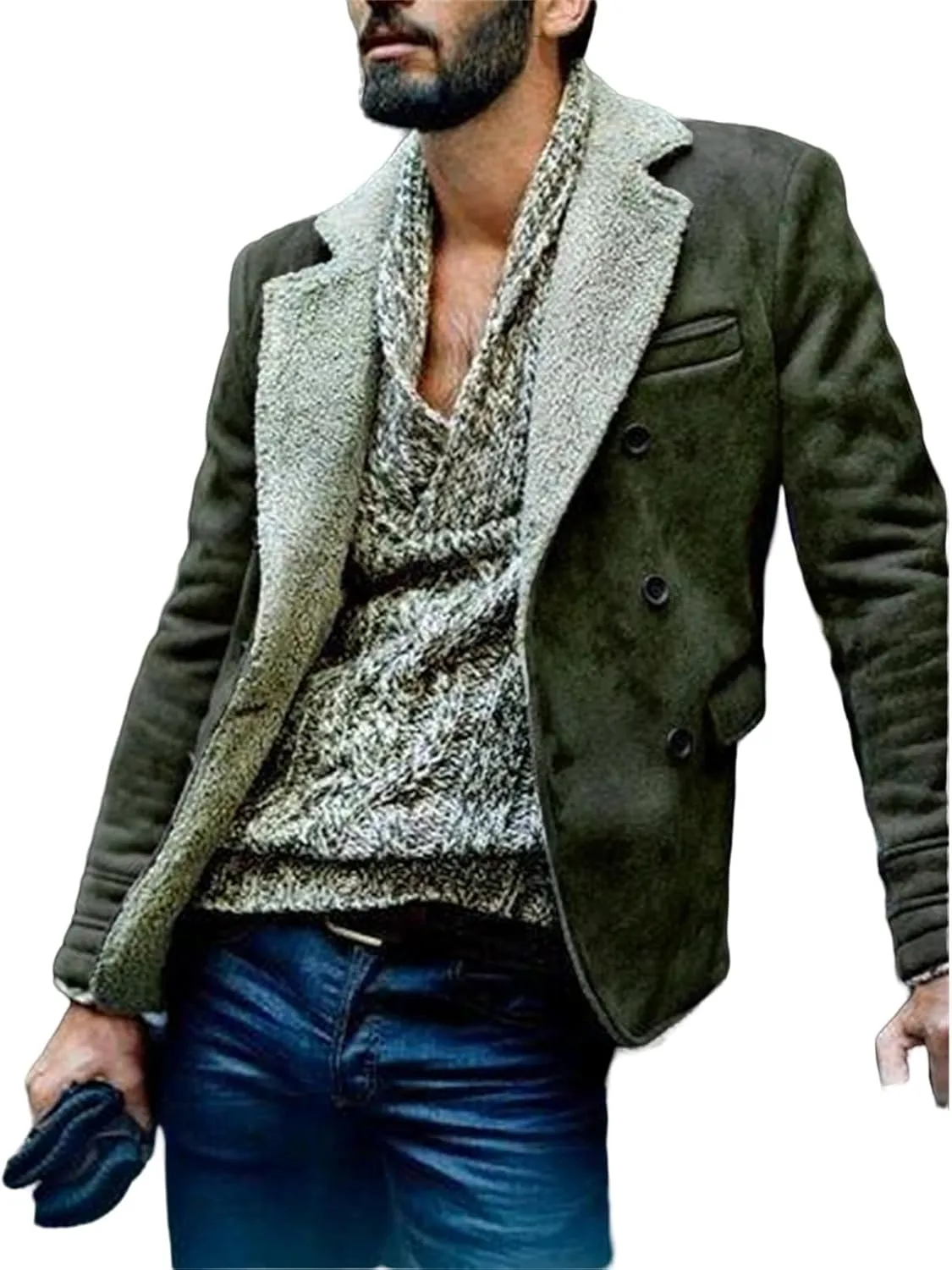 Men's Faux Suede Jacket Sherpa Fleece Lined Sheepskin Bomber Jacket Crop Warm Winter Trench Coat with Fur Collar