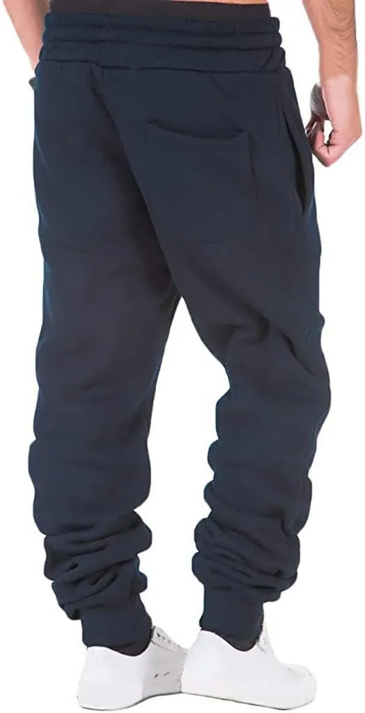 Mens Fleece Jogger Sweatpants, Thermal Track Jogger Pants, Winter Warmth Drawstring Trousers with Pockets