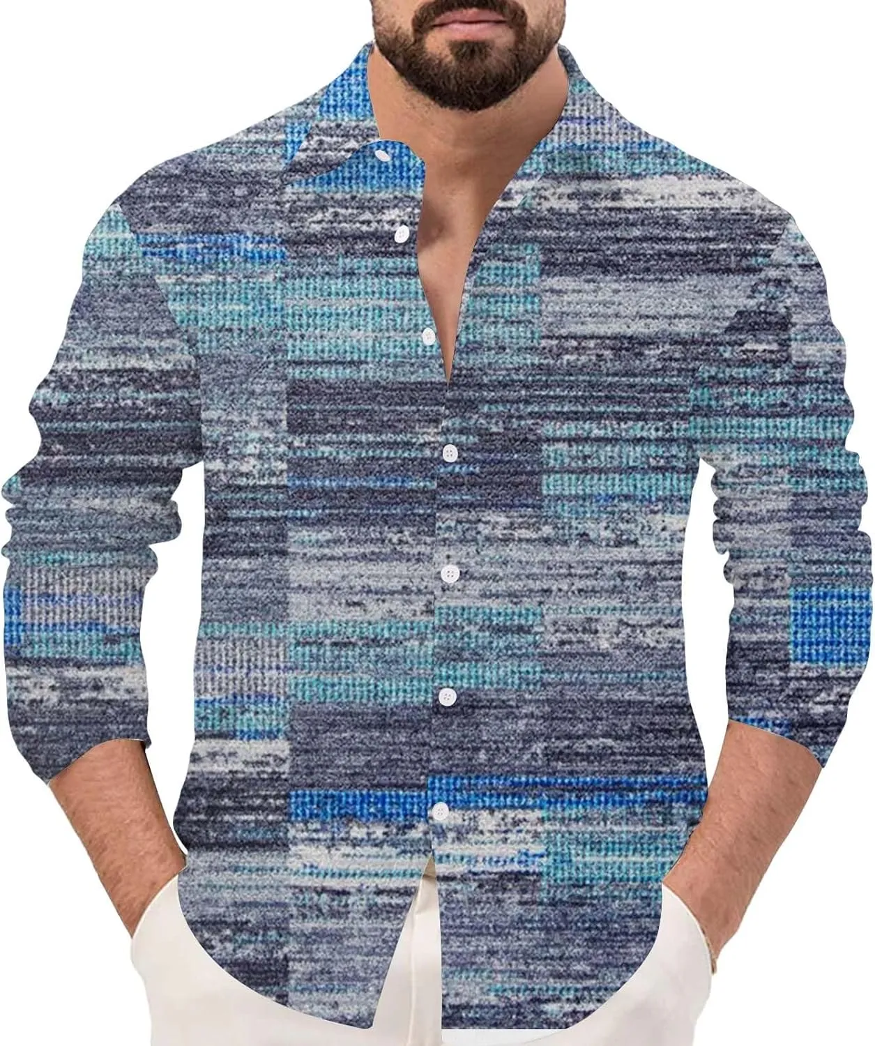 Men's Hawaiian Long Sleeve Shirts Lightweight Casual Patchwork Button Down Shirts Holiday Loose Fit Linen Shirts
