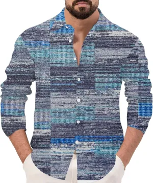 Men's Hawaiian Long Sleeve Shirts Lightweight Casual Patchwork Button Down Shirts Holiday Loose Fit Linen Shirts