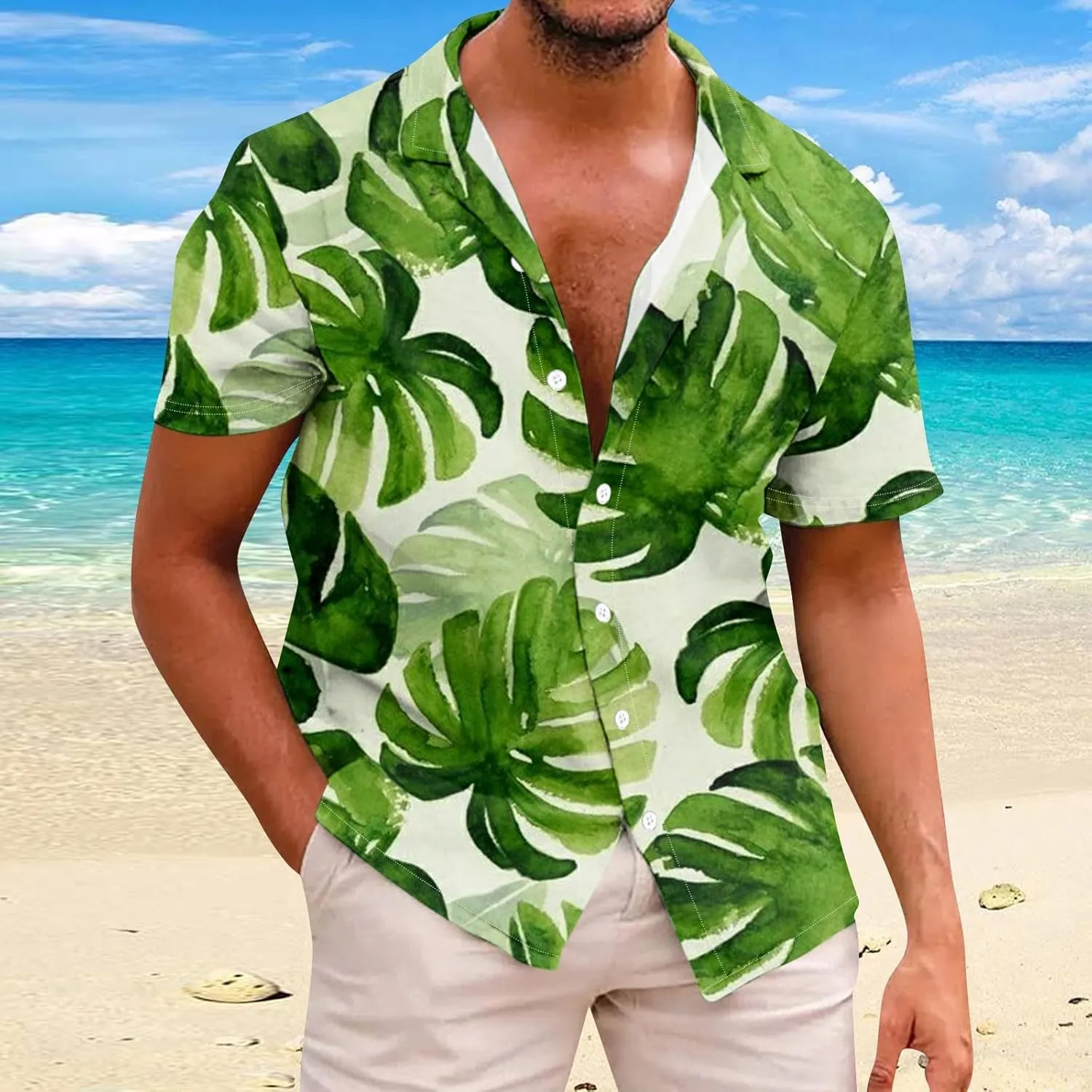 Mens Hawaiian T-Shirts 2025 Summer Short Sleeve Casual Button Down Tropical Beach Shirt Vacation Palm Beach Shirts