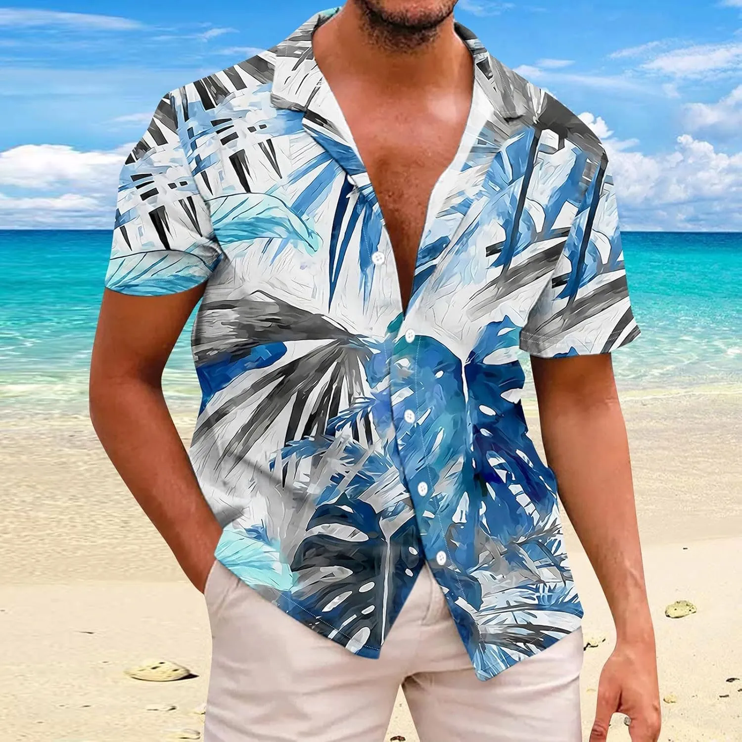 Mens Hawaiian T-Shirts 2025 Summer Short Sleeve Casual Button Down Tropical Beach Shirt Vacation Palm Beach Shirts