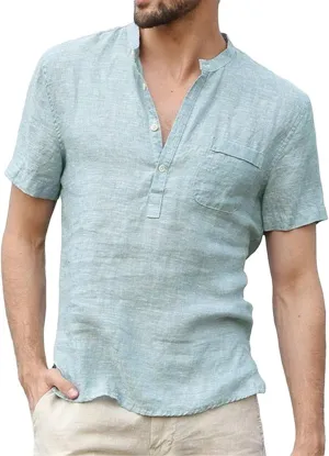 Mens Henley Linen Shirts Casual Lightweight Short Sleeve Button Up Summer Beach Yoga T Shirt Tops for Men