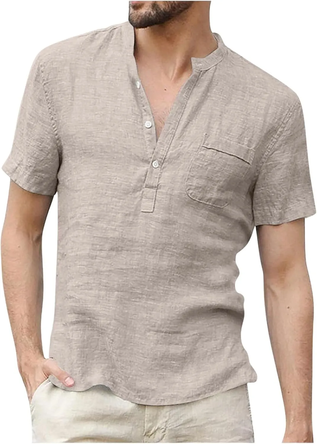 Mens Henley Linen Shirts Casual Lightweight Short Sleeve Button Up Summer Beach Yoga T Shirt Tops for Men