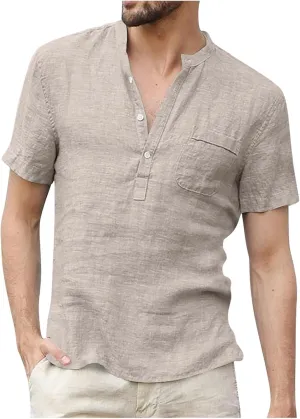 Mens Henley Linen Shirts Casual Lightweight Short Sleeve Button Up Summer Beach Yoga T Shirt Tops for Men