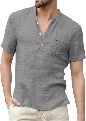 Mens Henley Linen Shirts Casual Lightweight Short Sleeve Button Up Summer Beach Yoga T Shirt Tops for Men