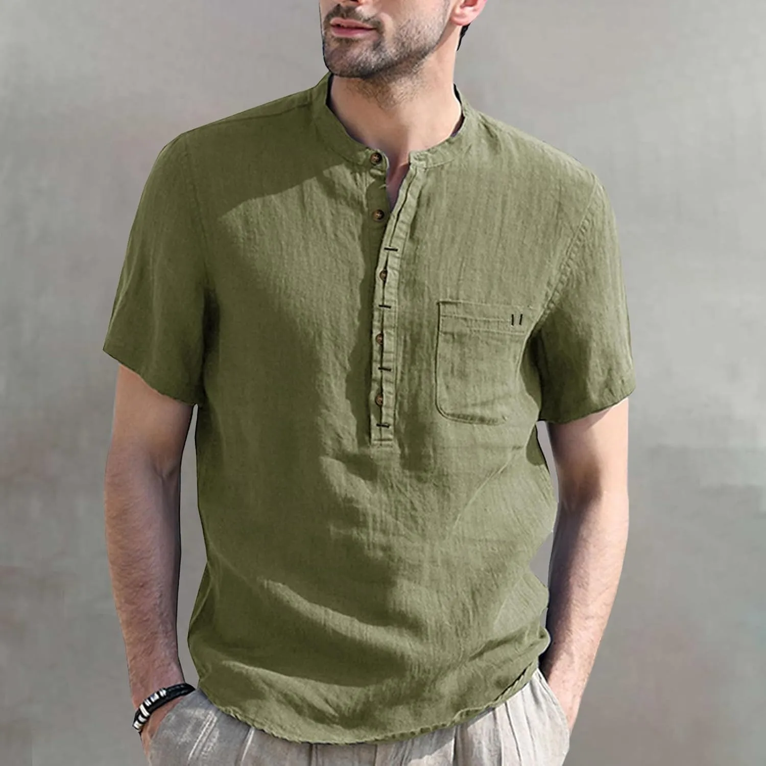 Men's Henley Shirts Linen Cotton Hawaiian Shirt Band Collar Short Sleeve Casual Summer Beach T-Shirts Fashion Tops