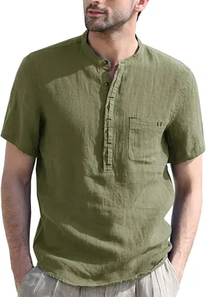 Men's Henley Shirts Linen Cotton Hawaiian Shirt Band Collar Short Sleeve Casual Summer Beach T-Shirts Fashion Tops