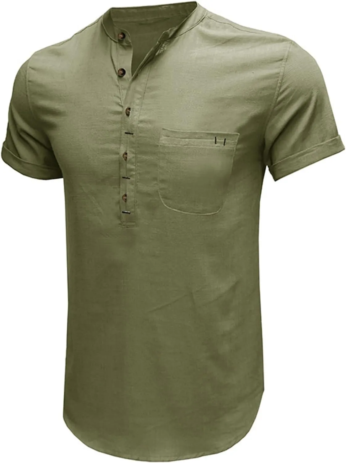 Men's Henley Shirts Linen Cotton Hawaiian Shirt Band Collar Short Sleeve Casual Summer Beach T-Shirts Fashion Tops