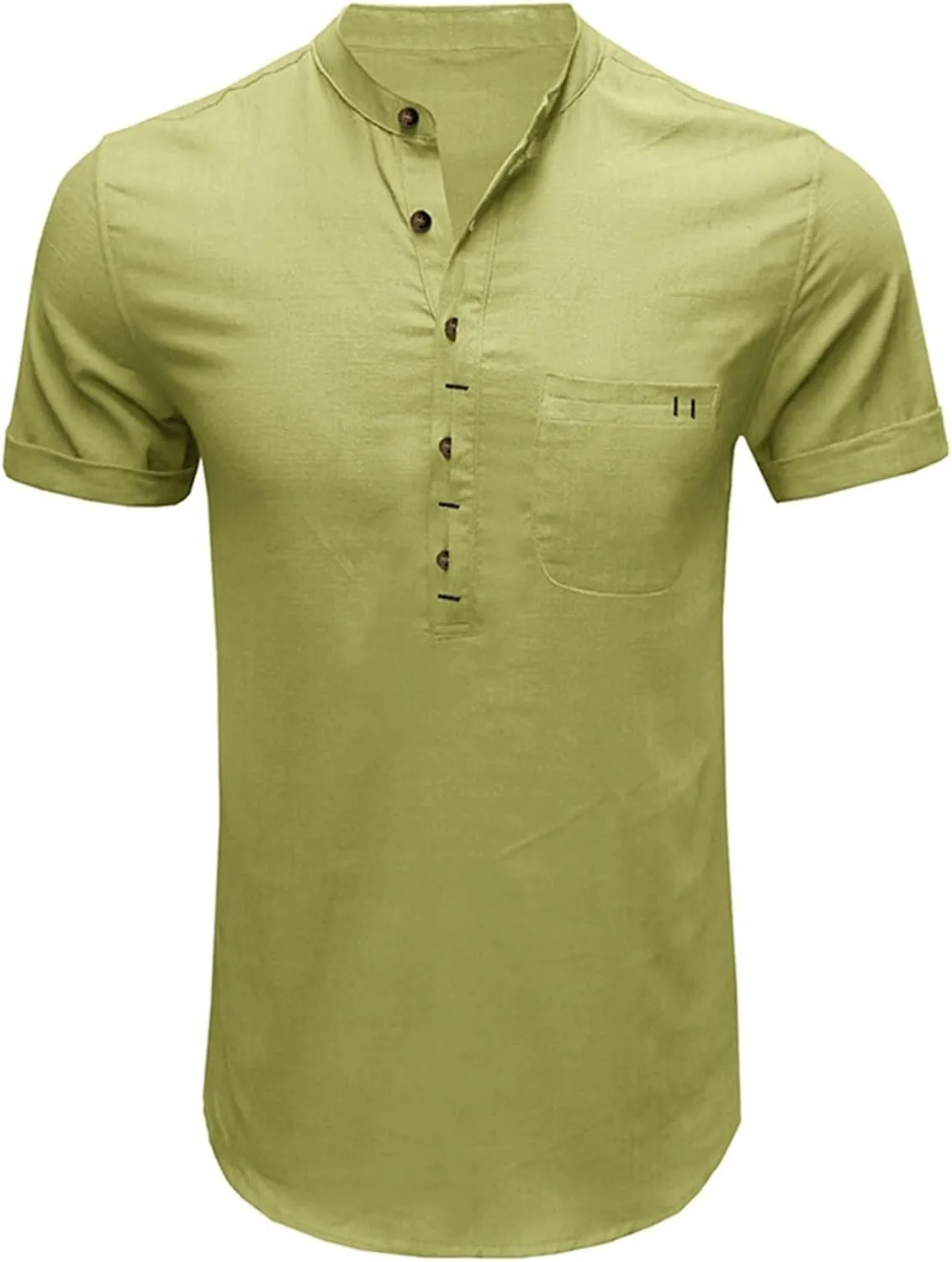 Men's Henley Shirts Linen Cotton Hawaiian Shirt Band Collar Short Sleeve Casual Summer Beach T-Shirts Fashion Tops