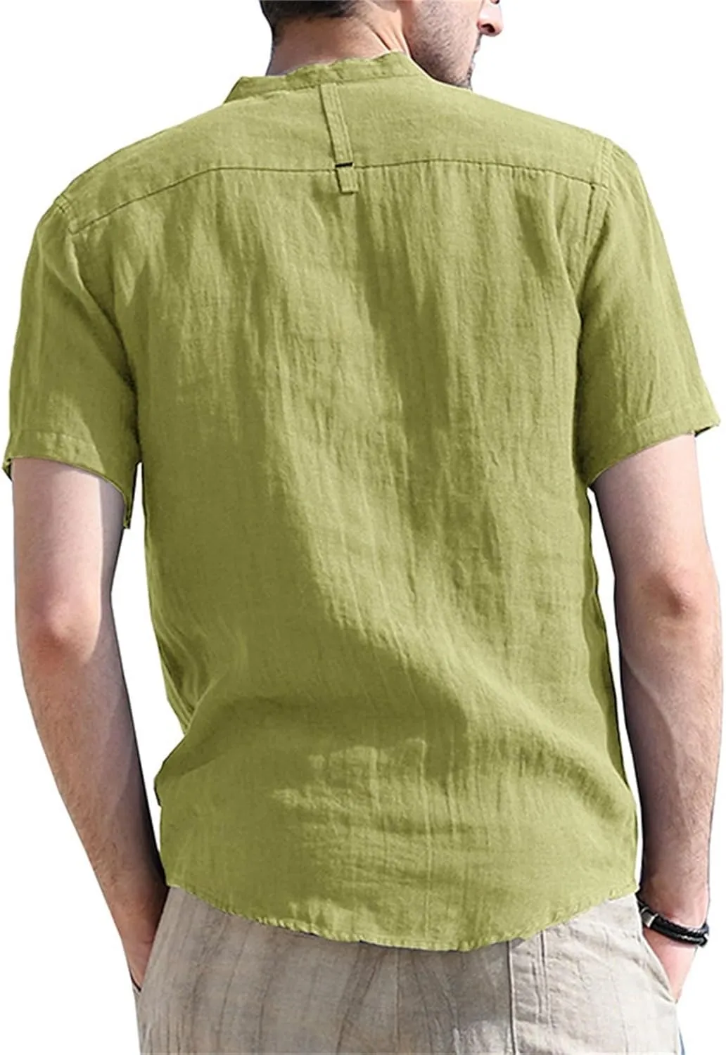 Men's Henley Shirts Linen Cotton Hawaiian Shirt Band Collar Short Sleeve Casual Summer Beach T-Shirts Fashion Tops