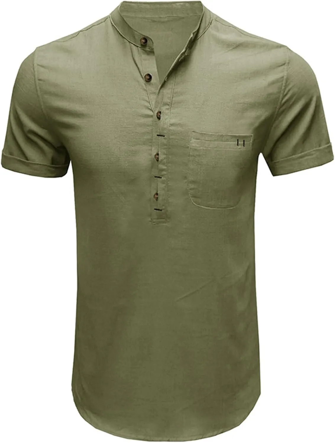 Men's Henley Shirts Linen Cotton Hawaiian Shirt Band Collar Short Sleeve Casual Summer Beach T-Shirts Fashion Tops