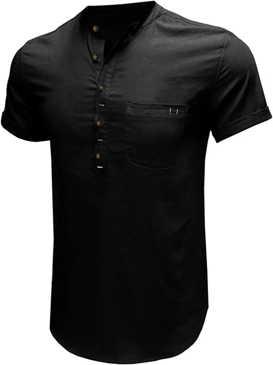 Men's Henley Shirts Linen Cotton Hawaiian Shirt Band Collar Short Sleeve Casual Summer Beach T-Shirts Fashion Tops