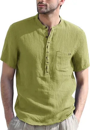 Men's Henley Shirts Linen Cotton Hawaiian Shirt Band Collar Short Sleeve Casual Summer Beach T-Shirts Fashion Tops