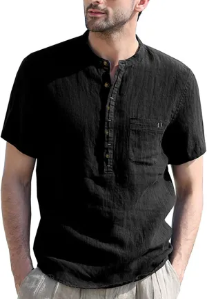 Men's Henley Shirts Linen Cotton Hawaiian Shirt Band Collar Short Sleeve Casual Summer Beach T-Shirts Fashion Tops