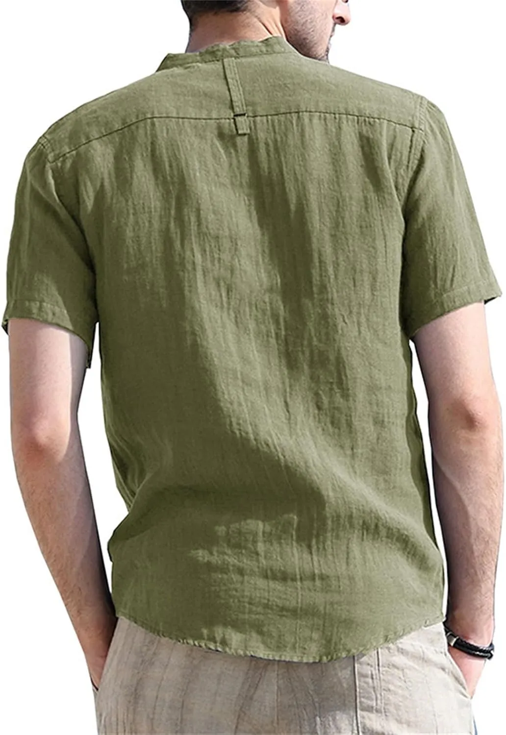Men's Henley Shirts Linen Cotton Hawaiian Shirt Band Collar Short Sleeve Casual Summer Beach T-Shirts Fashion Tops