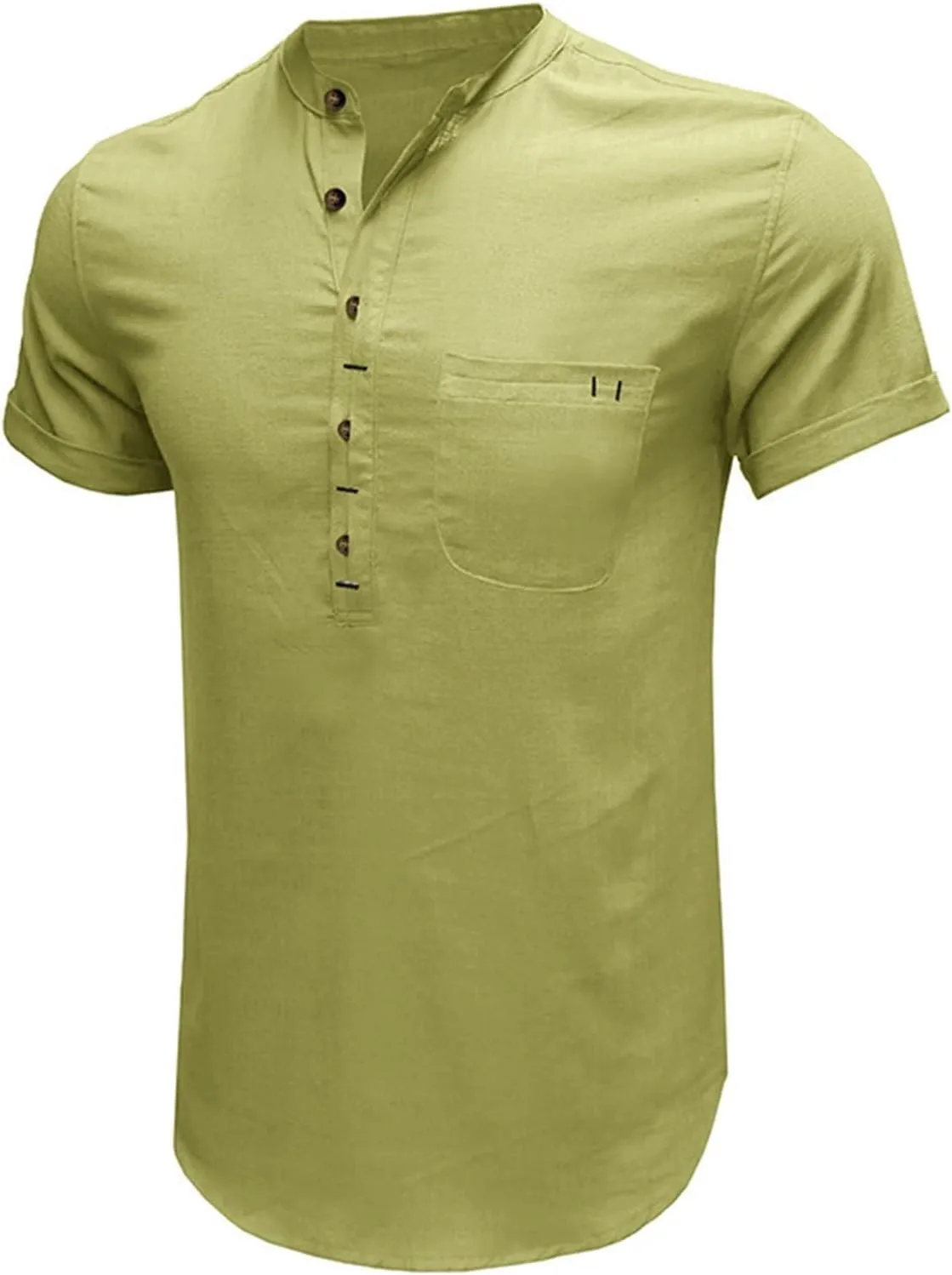 Men's Henley Shirts Linen Cotton Hawaiian Shirt Band Collar Short Sleeve Casual Summer Beach T-Shirts Fashion Tops