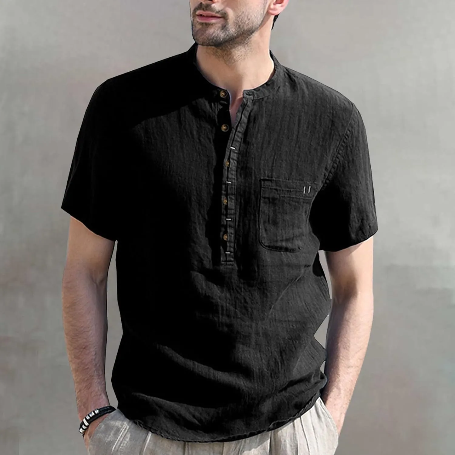 Men's Henley Shirts Linen Cotton Hawaiian Shirt Band Collar Short Sleeve Casual Summer Beach T-Shirts Fashion Tops