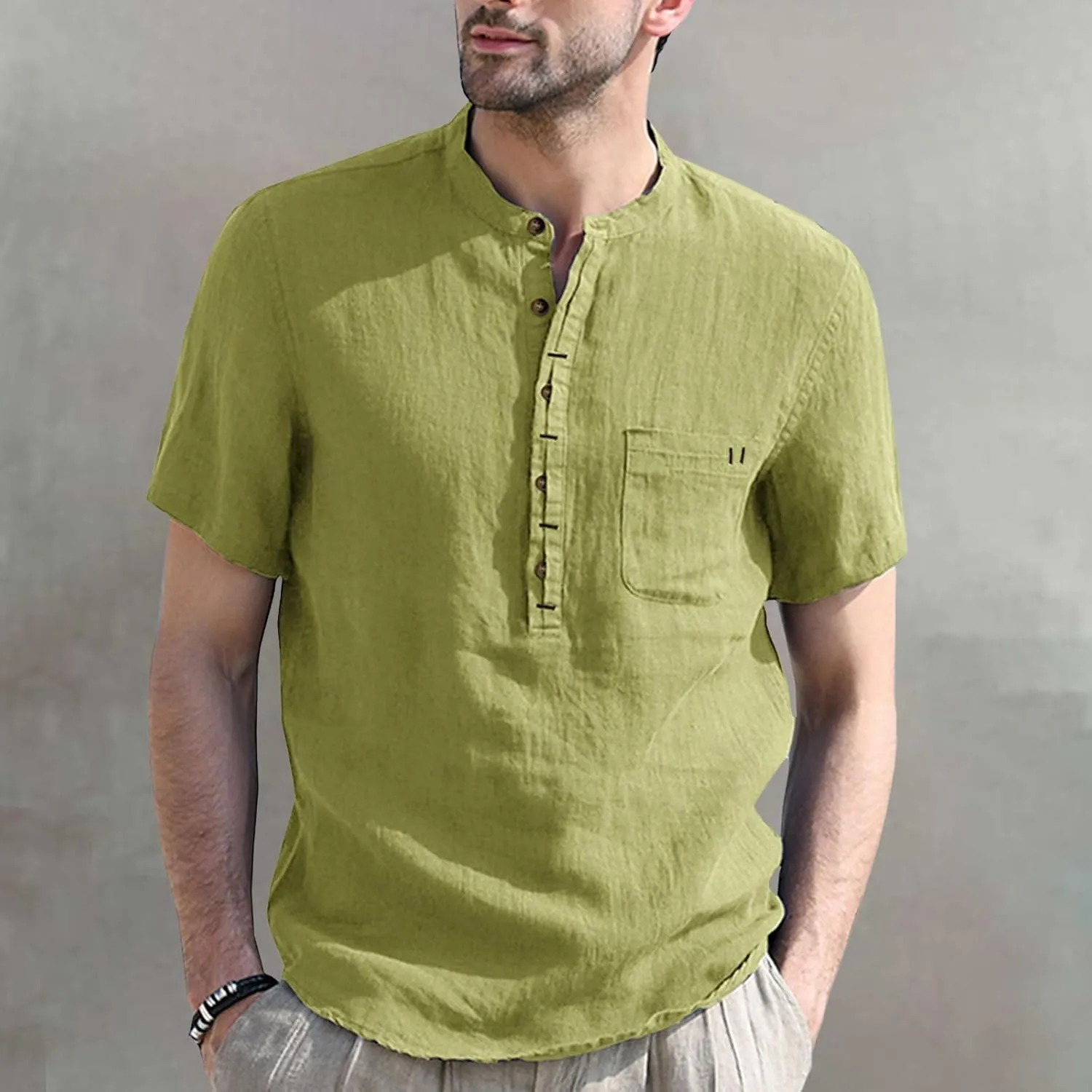 Men's Henley Shirts Linen Cotton Hawaiian Shirt Band Collar Short Sleeve Casual Summer Beach T-Shirts Fashion Tops
