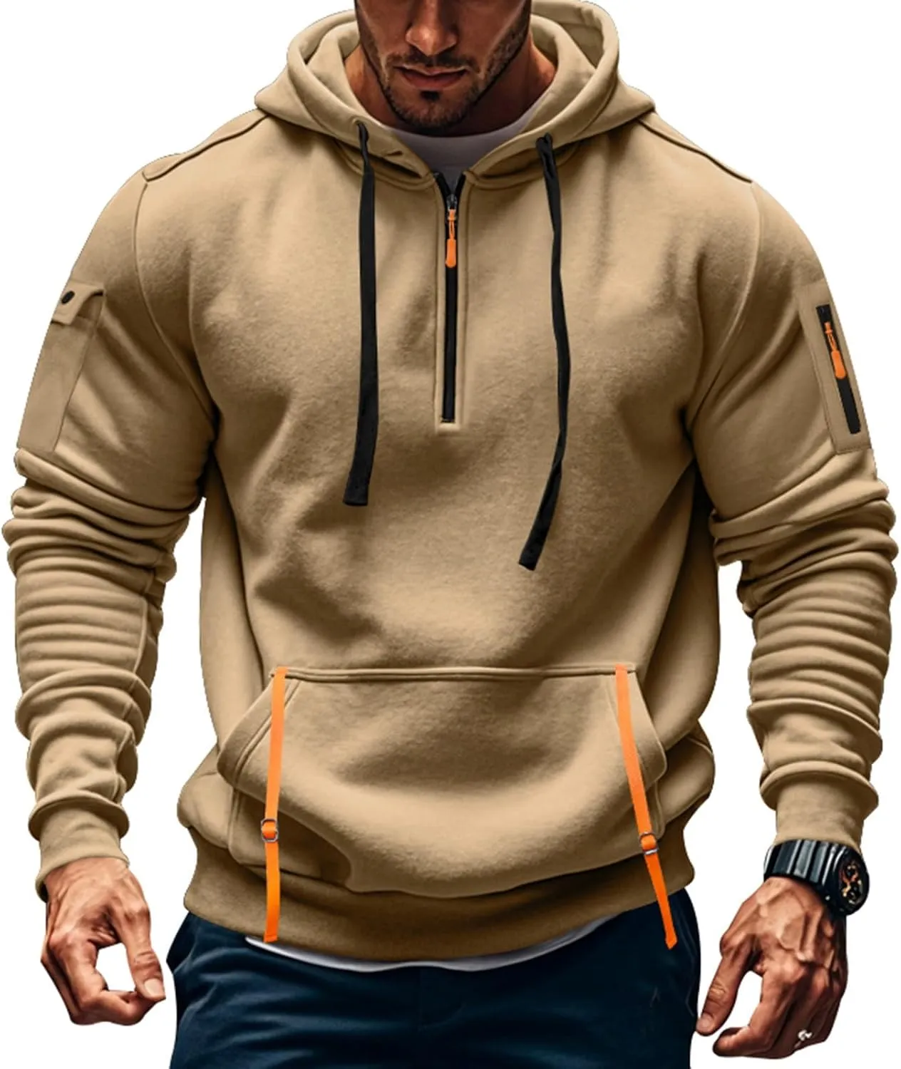 Men's Hoodies Quarter Zip Pullover Vintage Workout Running Active Hoodies with Pockets Military Tactical Sweatshirt
