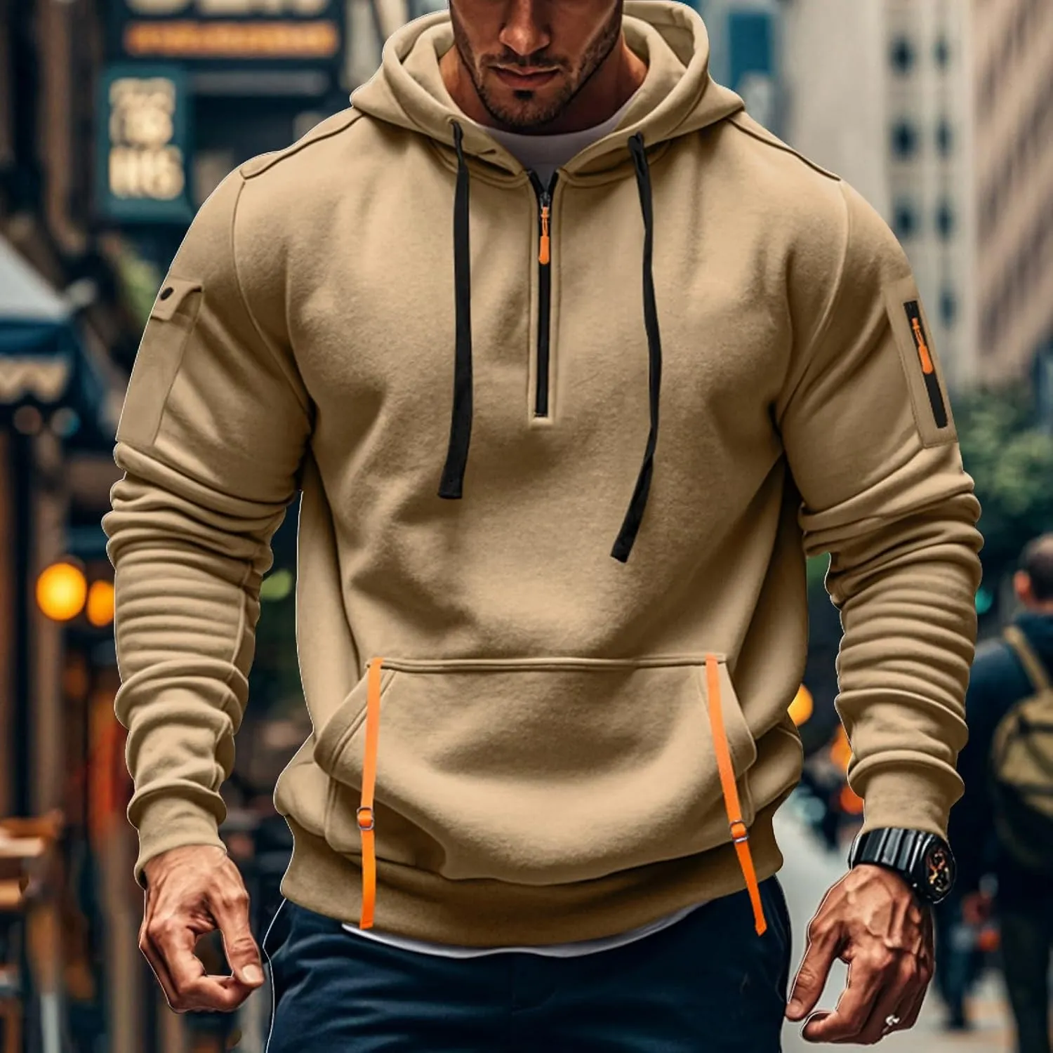 Men's Hoodies Quarter Zip Pullover Vintage Workout Running Active Hoodies with Pockets Military Tactical Sweatshirt
