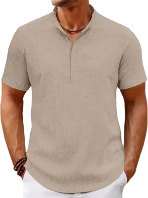 Men's Lightweight Linen Shirts Casual Short Sleeve Breathable Button Henley T-Shirt Summer Beach Hawaiian Shirt for Men