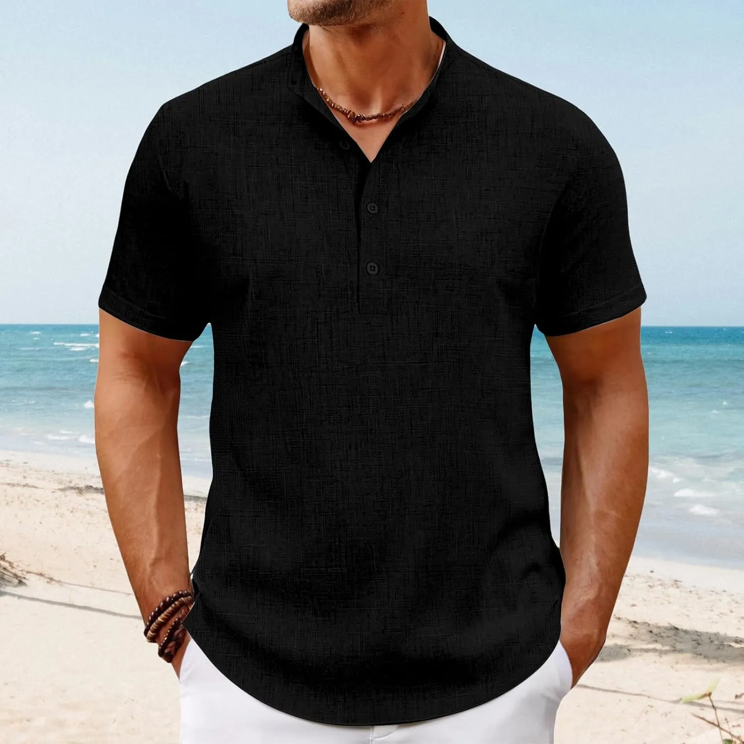 Men's Lightweight Linen Shirts Casual Short Sleeve Breathable Button Henley T-Shirt Summer Beach Hawaiian Shirt for Men