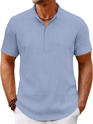 Men's Lightweight Linen Shirts Casual Short Sleeve Breathable Button Henley T-Shirt Summer Beach Hawaiian Shirt for Men