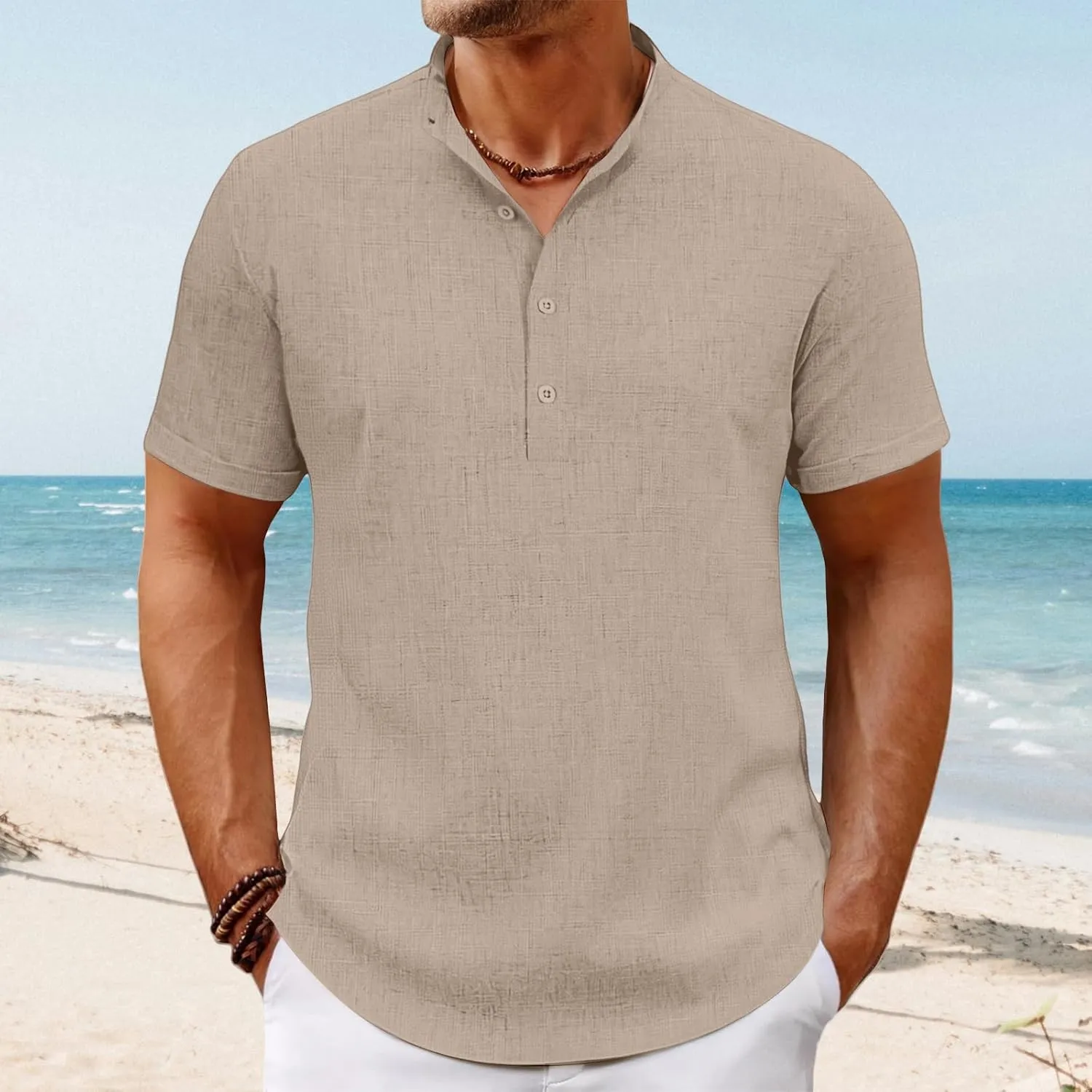 Men's Lightweight Linen Shirts Casual Short Sleeve Breathable Button Henley T-Shirt Summer Beach Hawaiian Shirt for Men