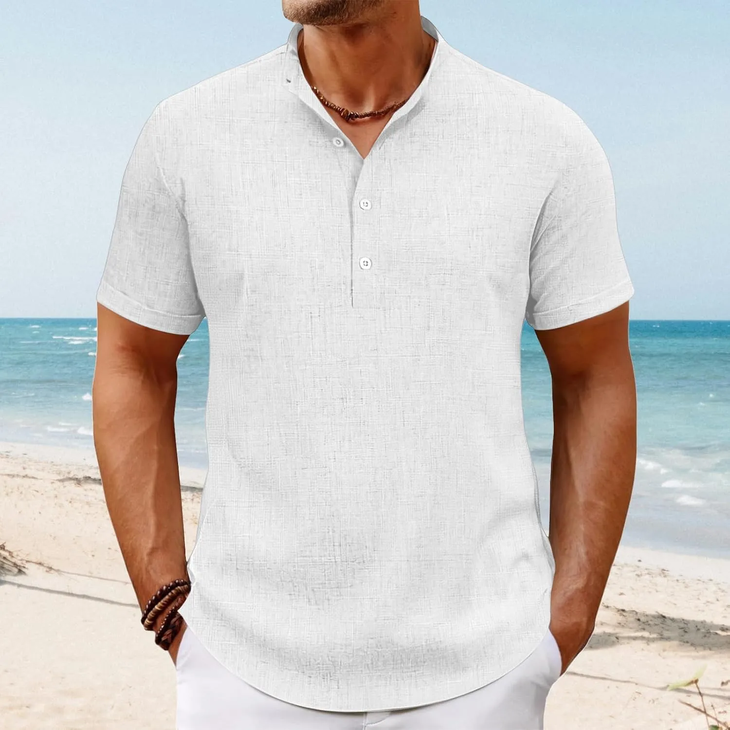 Men's Lightweight Linen Shirts Casual Short Sleeve Breathable Button Henley T-Shirt Summer Beach Hawaiian Shirt for Men