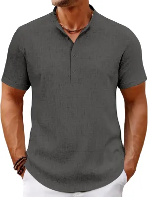 Men's Lightweight Linen Shirts Casual Short Sleeve Breathable Button Henley T-Shirt Summer Beach Hawaiian Shirt for Men