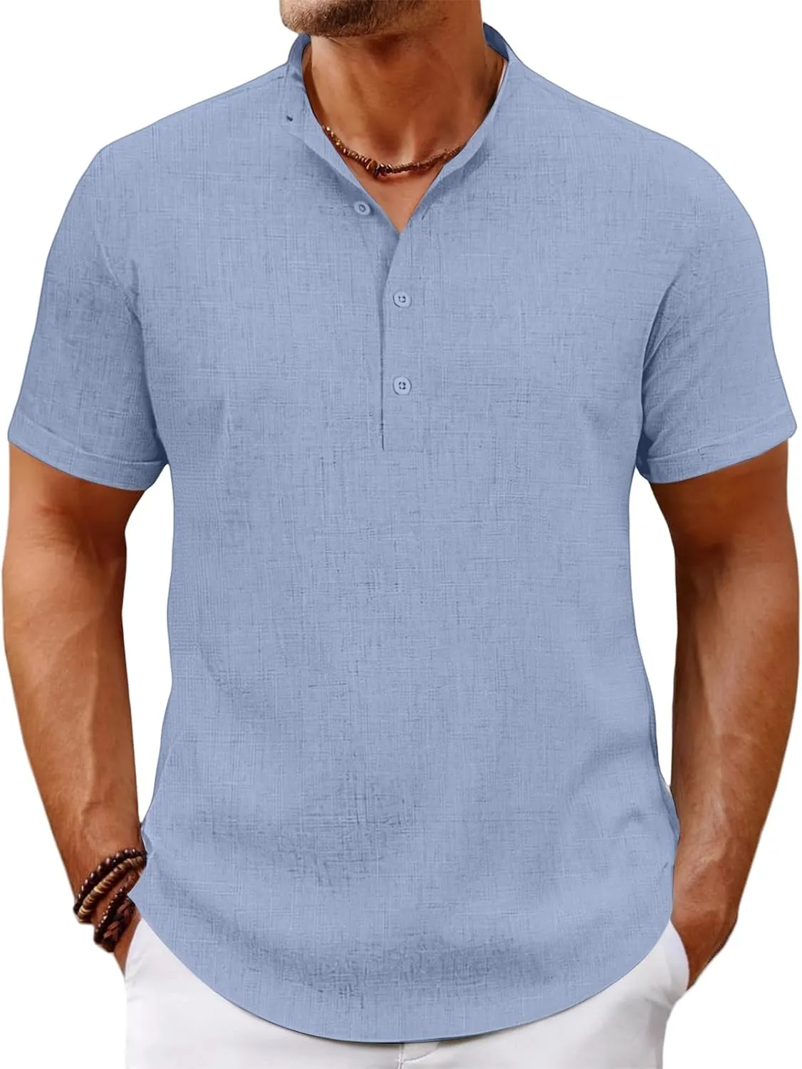Men's Lightweight Linen Shirts Casual Short Sleeve Breathable Button Henley T-Shirt Summer Beach Hawaiian Shirt for Men