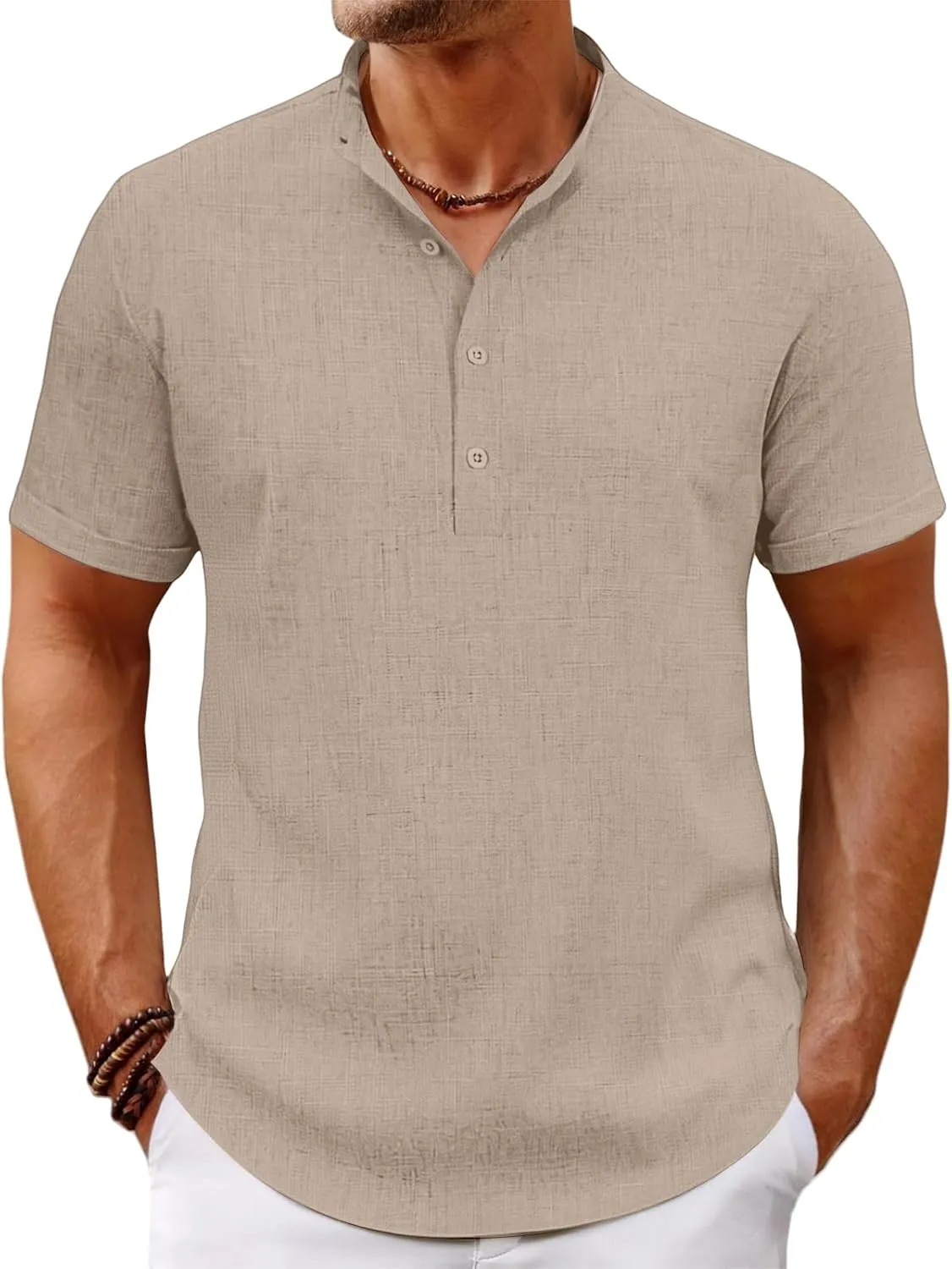 Men's Lightweight Linen Shirts Casual Short Sleeve Breathable Button Henley T-Shirt Summer Beach Hawaiian Shirt for Men
