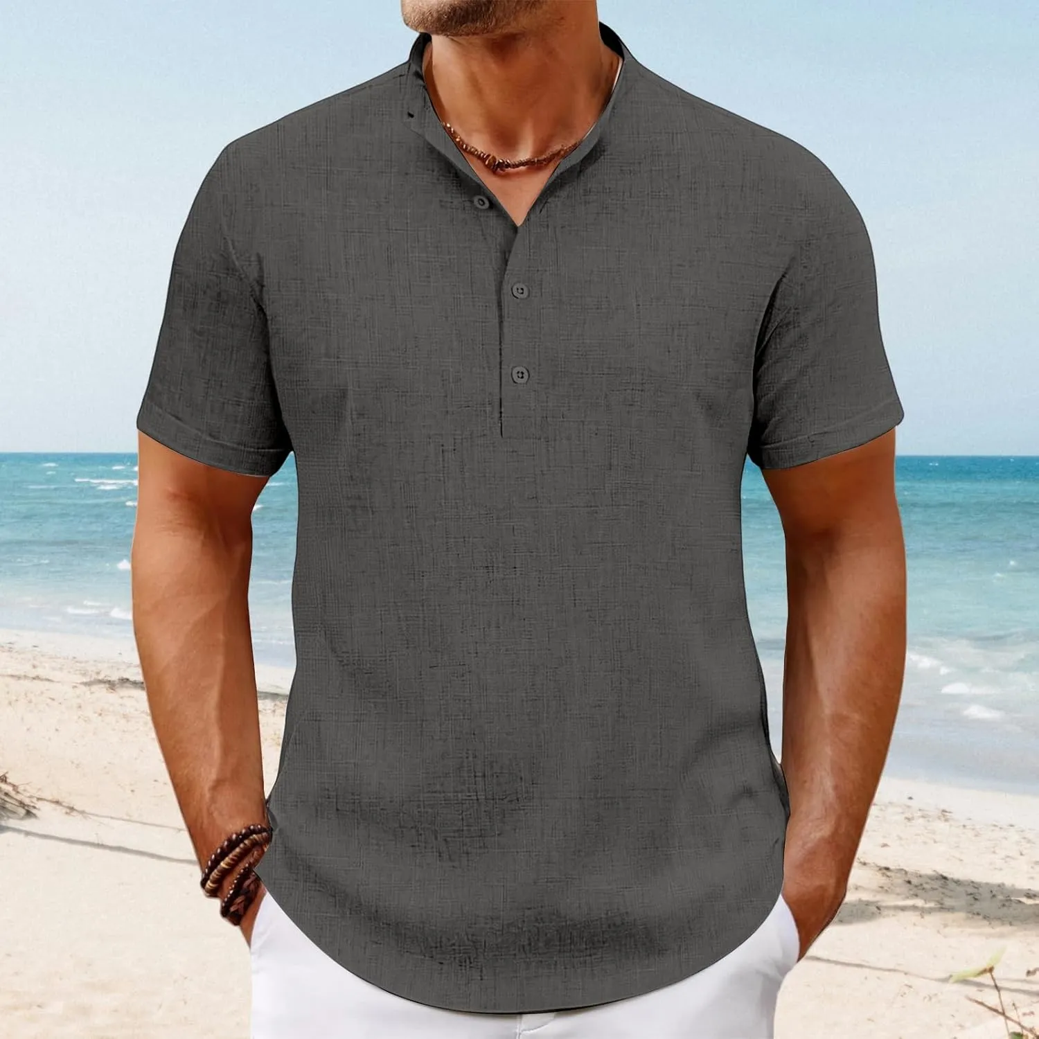 Men's Lightweight Linen Shirts Casual Short Sleeve Breathable Button Henley T-Shirt Summer Beach Hawaiian Shirt for Men
